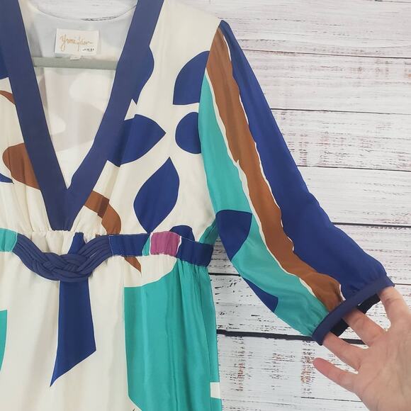 Yumi Kim Multicolor Abstract 100% Silk Dress S Plunge VNeck 3/4 Sleeve Geo Print - Picture 7 of 15